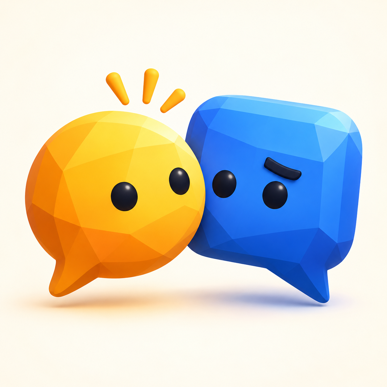 An amber human speech bubble exchanges a look with a skeptical blue computer bubble